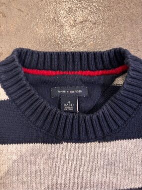 Tommy Hilfiger Navy, Light Gray & Red Trim Striped Crewneck Sweater